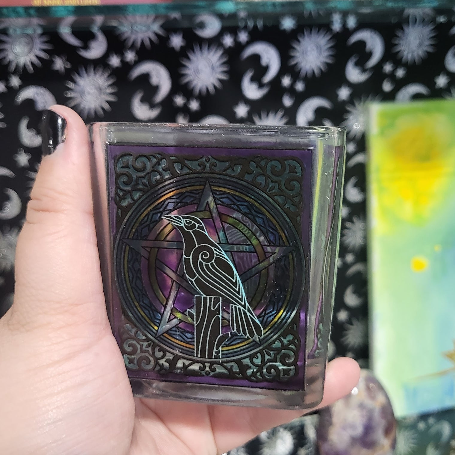 Glass Raven & Pentacle Votive Candle Holder