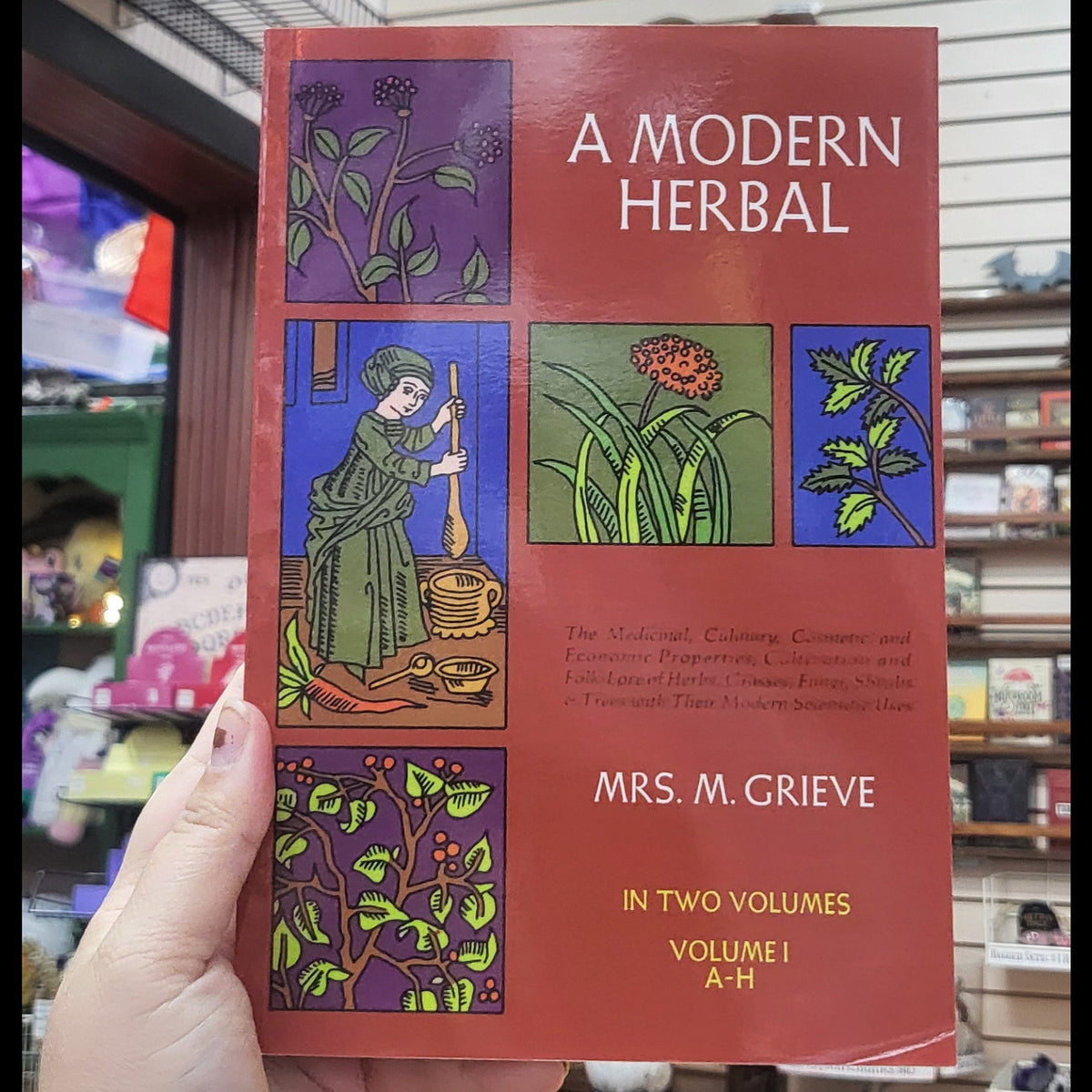 A hand holding a book titled 'A Modern Herbal' by Mrs. M.