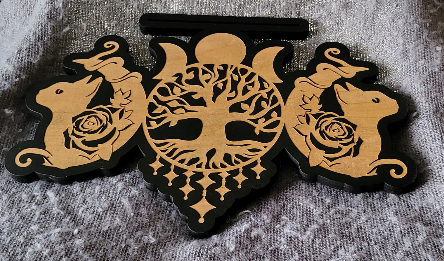 Single Card Tarot Holder (Triple Moon with Tree of Life and Cats Design)