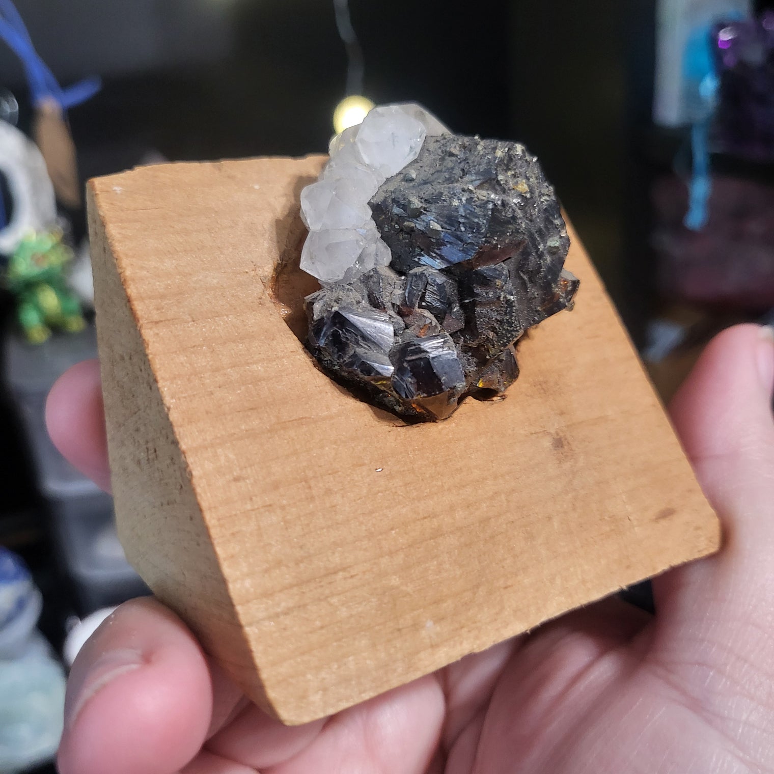 Calcite and Sphalerite on wood