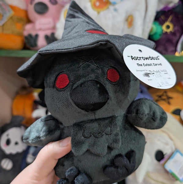 Plush crow doll named "Ascrowdeus", viewed from the front. Doll is overall black except for red eyes. It has plush beak, wings, feet, and feather beard with embroidered detail, all of which is black. It also has a black witch's hat with red hat band.