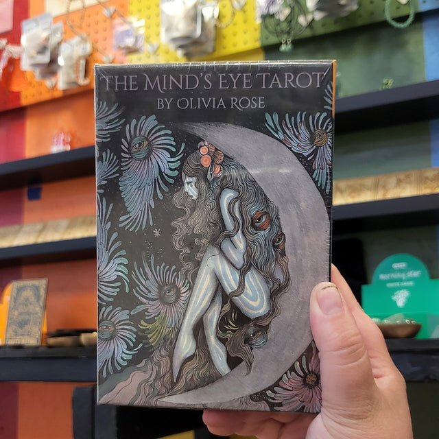 Hand holding 'The Mind's Eye Tarot' book with colorful books in the background