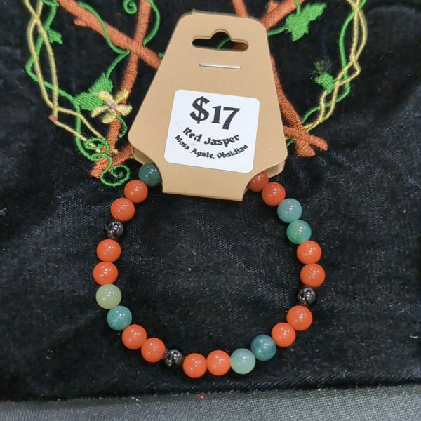 Red Jasper, Moss Agate and Obsidian Bracelet