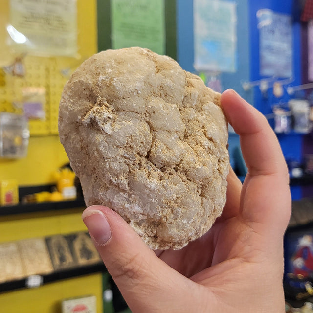 Hand holding a large rock in front of a colorful display with various items.