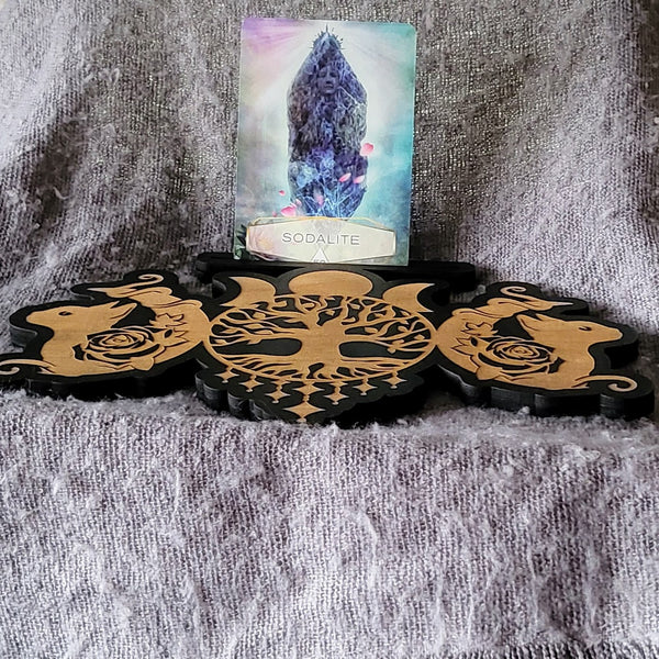 Single Card Tarot Holder (Triple Moon with Tree of Life and Cats Design)